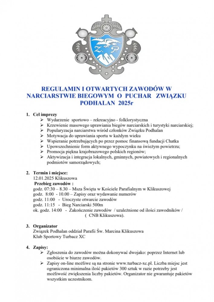 REGULAMIN ZAWODÓW "I OTWARTE ZAWODY W BIEGACH NARCIARSKICH O PUCHAR ZWIĄZKU PODHALAN"