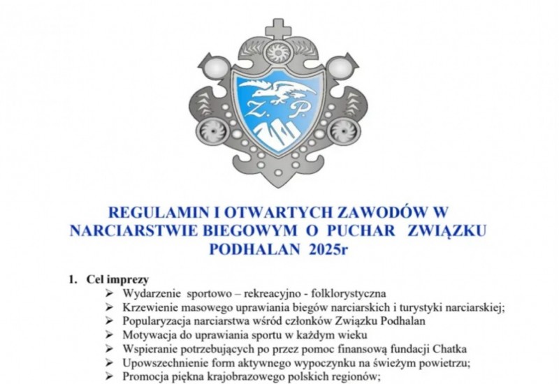 REGULAMIN ZAWODÓW "I OTWARTE ZAWODY W BIEGACH NARCIARSKICH O PUCHAR ZWIĄZKU PODHALAN"